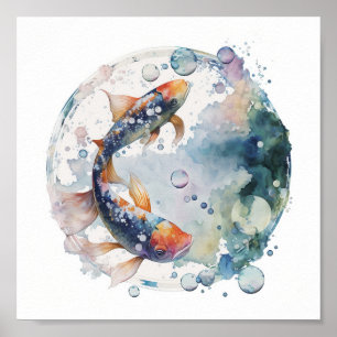 Poster Peixes Koi Japoneses Em Bolha