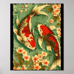 Poster Peixes Koi Japoneses Flores de Cerejeira Sakura Ar