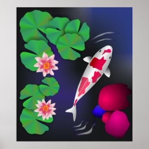 Póster Peixes Koi Japoneses, Flores De Lotus E Lírios De 