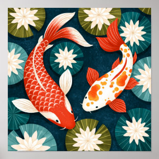 Poster Peixes Koi Japoneses Jardim Zen de Flores de Lótus