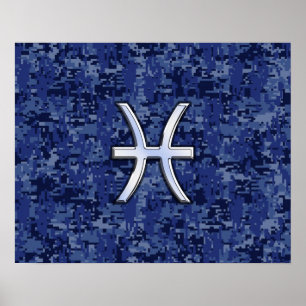 Poster Peixes modernos Símbolo Zodiac Marinho Azul Camo D