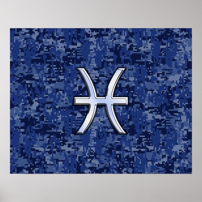Poster Peixes modernos Símbolo Zodiac Marinho Azul Camo D (Frente)