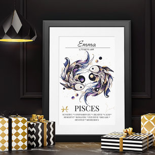 Poster Peixes Personalizados Zodiac Watercolor Elegante