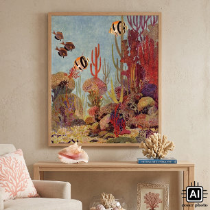 Póster Peixes Vintage no Oceano, Coral Tropical
