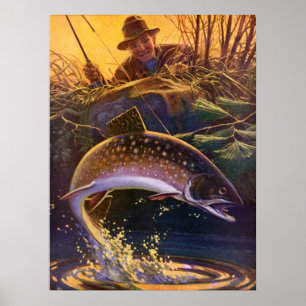 Póster Peixes Vintage, Pesca Esportiva de Truta Brook