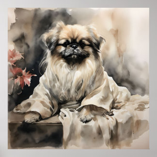 Poster Pekingese Soltando em um desenho de tinta da seda