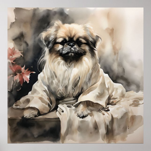 Poster Pekingese Soltando em um desenho de tinta da seda (Frente)