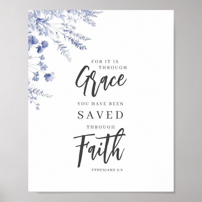 Poster Pela Graça, Através da Fé Efésios 2:8 Floral Azul (Frente)