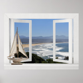 Póster Pela Oceano -- Vista de Janela Aberta com Barco à 