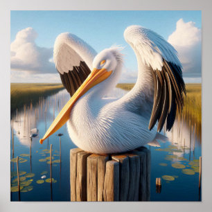 Poster Pelicano Branco Americano Gracioso em Serene Wetla