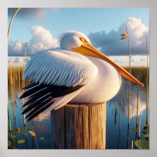 Poster Pelicano Branco Americano Gracioso em Serene Wetla