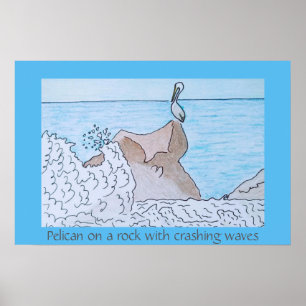 Poster Pelicano em uma rocha com ondas quebrando