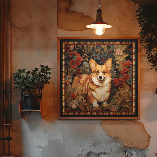 Poster Pembroke Welsh Corgi num Jardim Flor Vitoriano