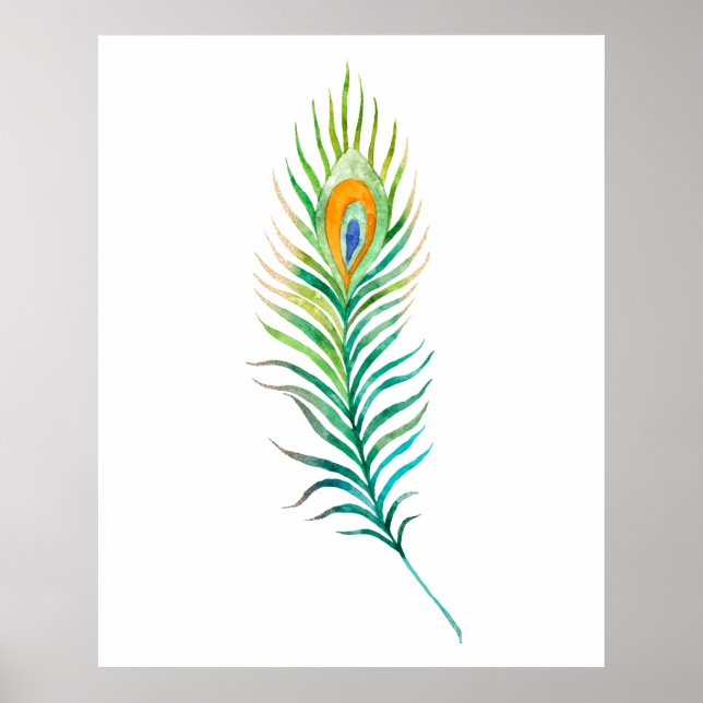 Poster pena de pavão em aquarela verde (Frente)