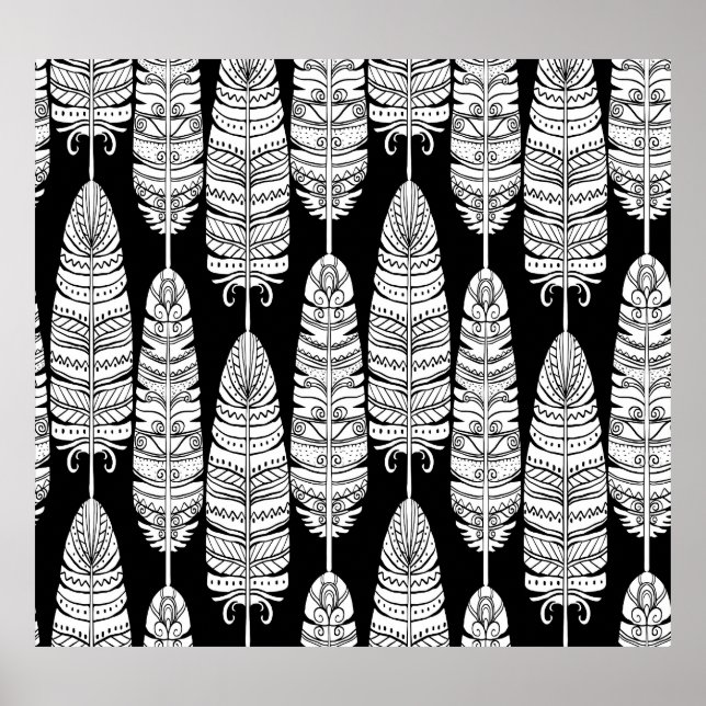 Poster Penas boho: padrão preto e branco (Frente)