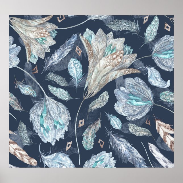 Poster Penas Chic Boho Flores: Azul Escuro-Aquarela P (Frente)