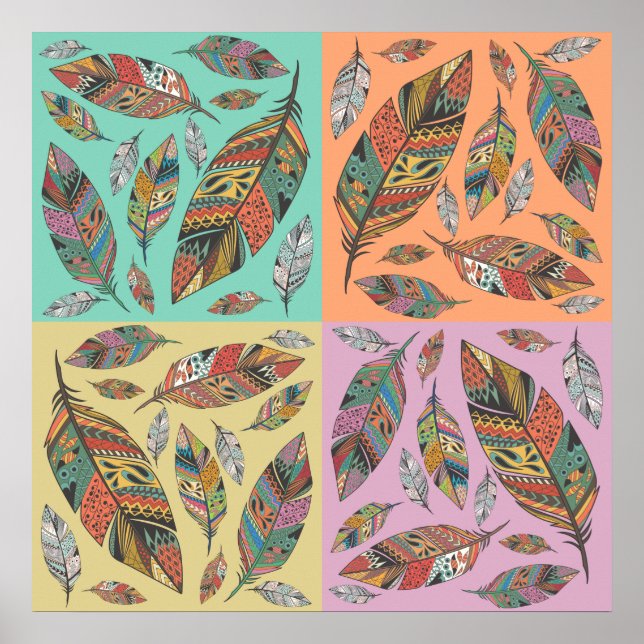 Póster Penas de Design tribais em quatro quadrados colori (Frente)