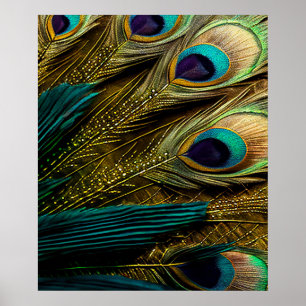 Poster Penas de Pavão Dourado Azul Elegante-Abstrato Azul