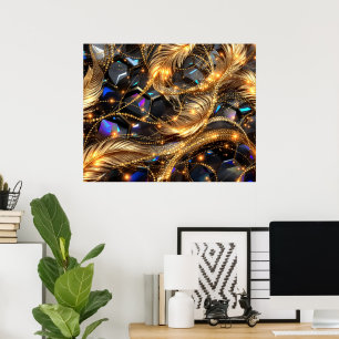 Poster Penas Douradas de luxo e padrão de brilho