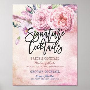 Póster Penas florais de Boho do menu da bebida da