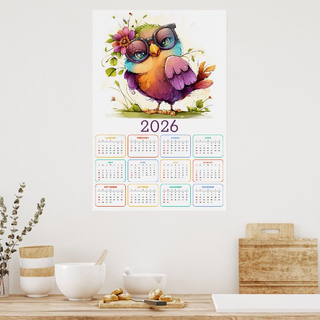 Poster Penas & Flores: Calendário de Coruja 2026 (Cozinha)