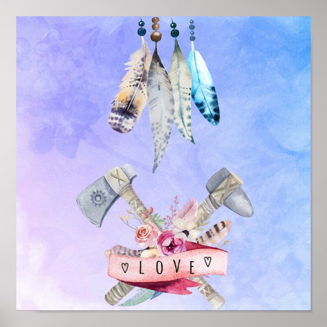 Poster Penas Flores e Design de Aquarela (Frente)