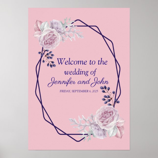 Poster Penas Rosa GeométricoFrame Wedding em Roxo (Frente)