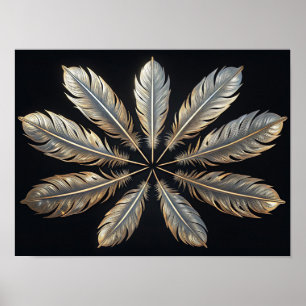 Poster Penas Simétricas: Elegância de Ouro e Prata