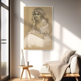 Poster Pencil-Mulher White Crayon Retrato Study Mucha