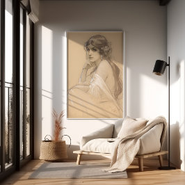Poster Pêncil-Mulher, White Crayon Retrato Study Mucha Po