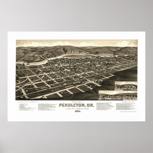 Póster Pendleton, OU Mapa Panorâmico - 1884 (Frente)