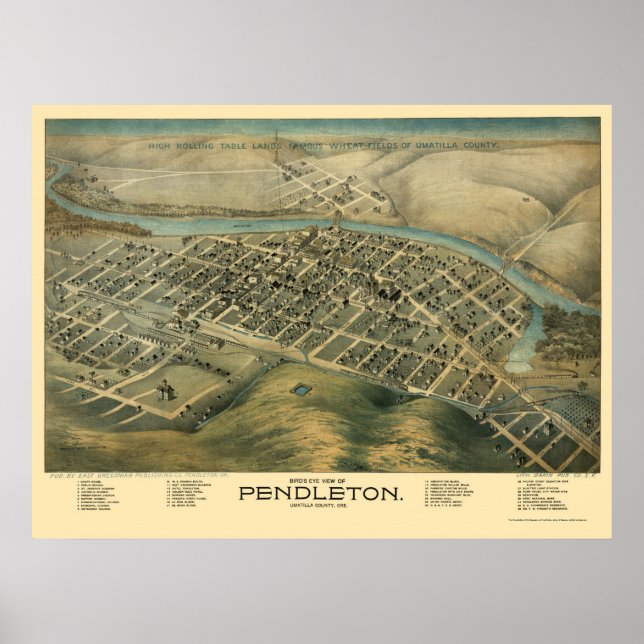 Poster Pendleton, OU Mapa Panorâmico - década de 1890 (Frente)