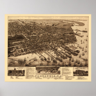 Póster Pensacola, Mapa Panorâmico FL - 1885
