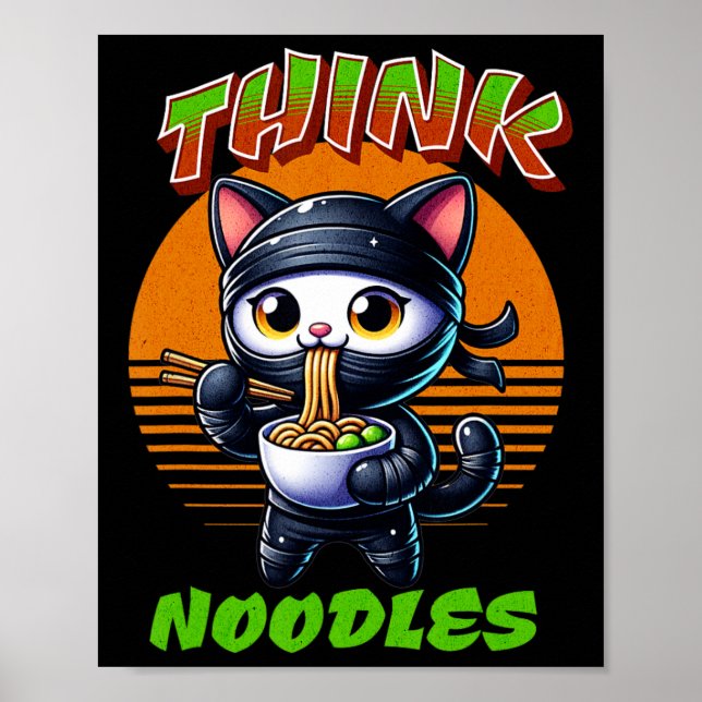 Poster Pense em macarrão - Mmm Noodles Kawaii Ninja Cat E (Frente)