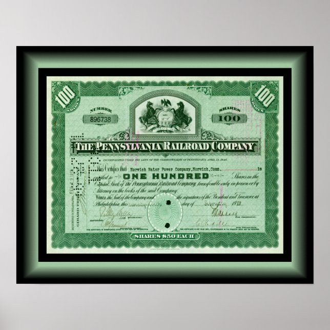 Poster Pensilvânia Railroad Company ~ Stock Certificate (Frente)