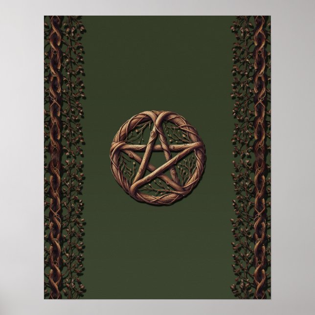 Poster Pentáculo de Galho de Madeira Verde Oliva Wiccano  (Frente)