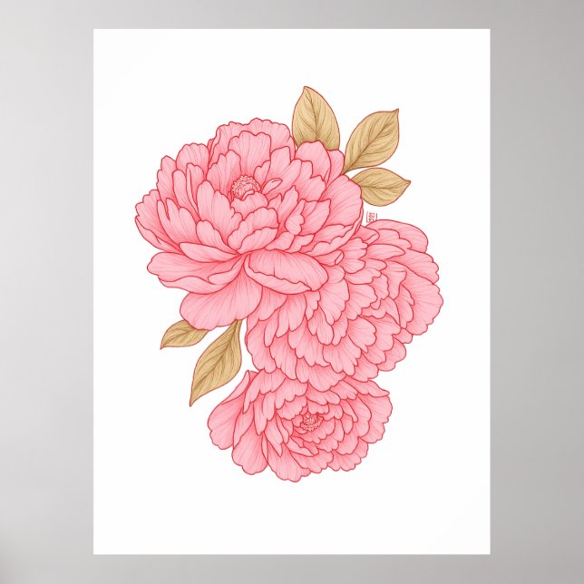Poster Peões Elegantes - Ilustração Floral Rosa Mole (Frente)