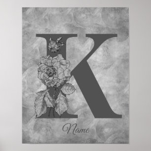 Poster Peônia Monograma Inicial Elegante K Personalizado