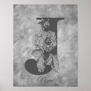 Poster Peônia Monograma Inicial J Elegante Personalizado