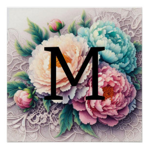 Póster Pêonias azuis cor-de-laranja floral cor-de-rosa mo