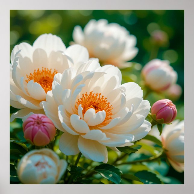 Poster Peônias Brancas em Flor para Decoração de Jardim E (Frente)