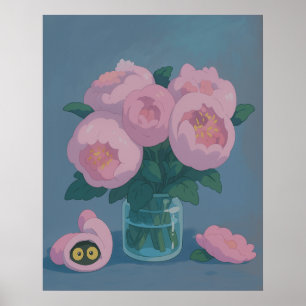 Poster Peônias Cor-de-Rosa com Olhos de Gato Escondidos