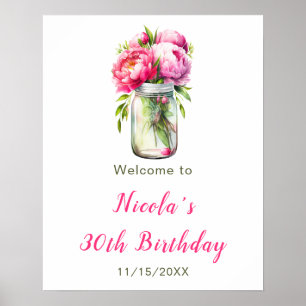 Poster Peonias cor-de-rosa Mason Jar Birthday Bem-vindo