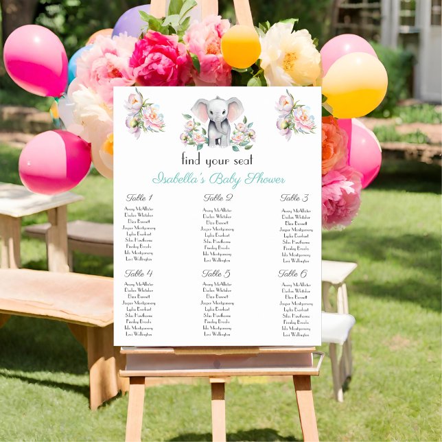 Poster Peônias de Elefante Bebê, Cartão de Assentos de Eu (Help guide your guests to their table with this charming seating chart.)