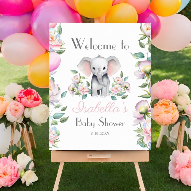 Poster Peônias de Elefante Bebê, Placa de Boas-Vindas de  (Welcome to a whimsical world, where baby elephant and blooms enchant.)
