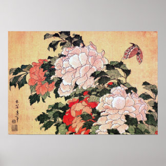 Póster Peônias e Borboletas Hokusai