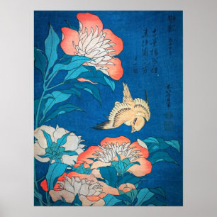 Poster Peônias e Canárias por Hokusai