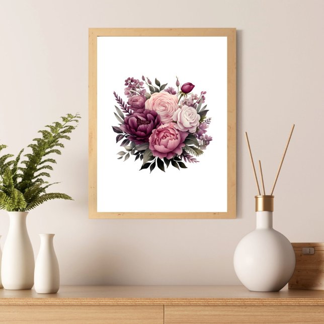 Poster Peônias Florais Rosa Branco Roxo Rosa Flor  (Pink purple peonies and roses wall art poster print.  Elegant )
