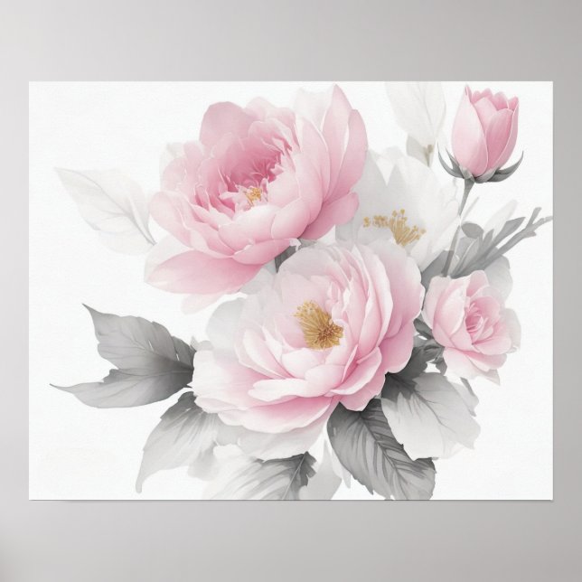Poster Peônias Rosa em Aquarela (Frente)