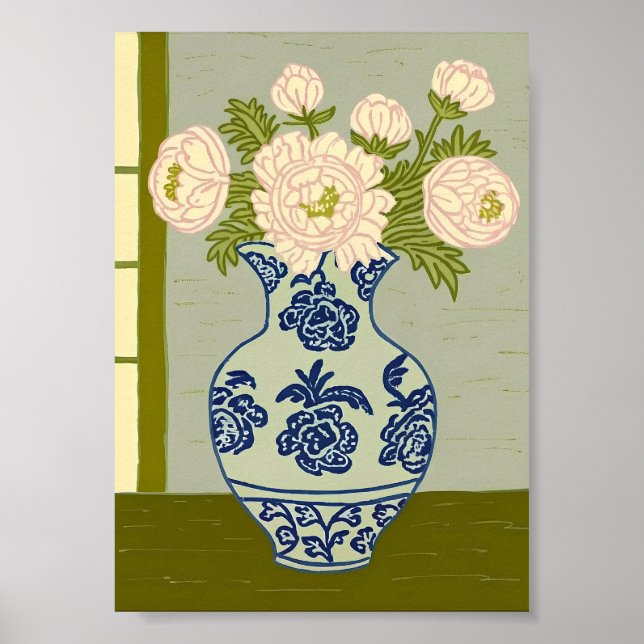 Poster Peônias Vintage Chinoiserie em Blue Willow (Frente)